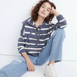 Madewell Blue and White Striped Long Sleeve Hoodie with Boxy Fit